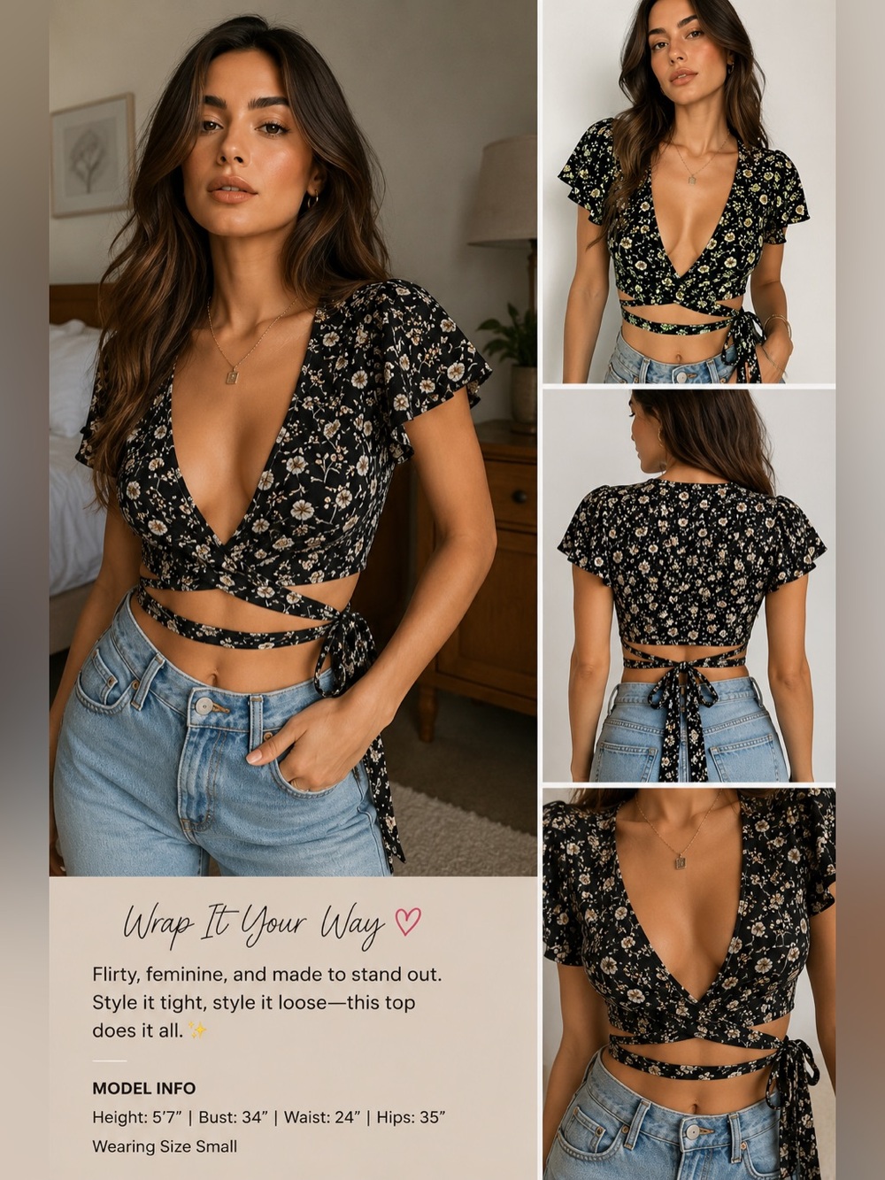 SHEIN Black Floral Deep V Wrap Crop Top Tie Waist Size S